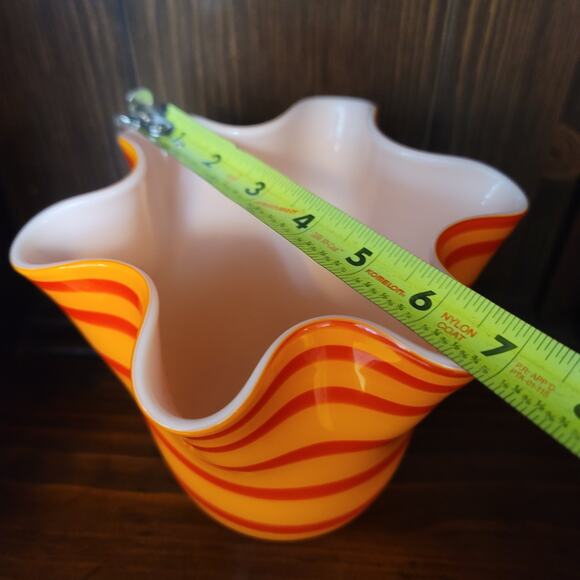 Vintage Art Glass Ruffled Handkerchief Vase Orange & Red Stripe - Picture 4 of 7